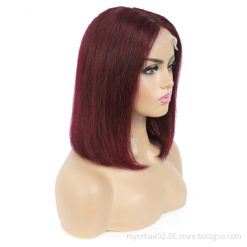 Cheap Brazilian Virgin Human Hair Weave Color Short Hair Wig 99j Red Lace Front Bob Wig For Women